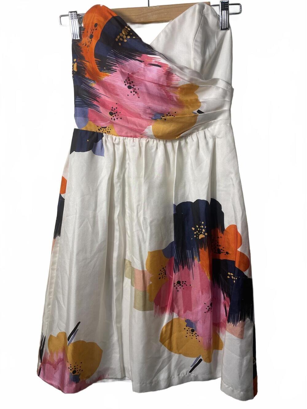 Be Seduced Strapless Floral Mini Dress Womens Size 10 White Zip Silk Cottage